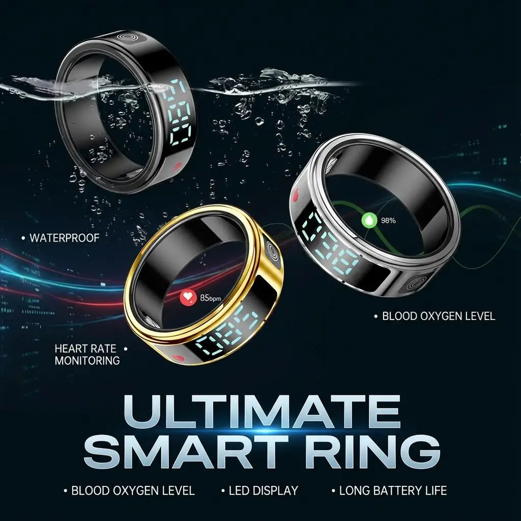 

2026 New Smart Ring Men Women LED Display Screen Heart Rate Blood Oxygen Monitoring 5ATM Waterproof Multi Sports Modes SR08