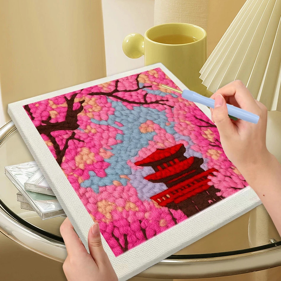 

Punch Needle Embroidery With Frame Set Complete Punch Stitch Threads Needle Frame Landscape Pattern Set DIY Kits for Beginners