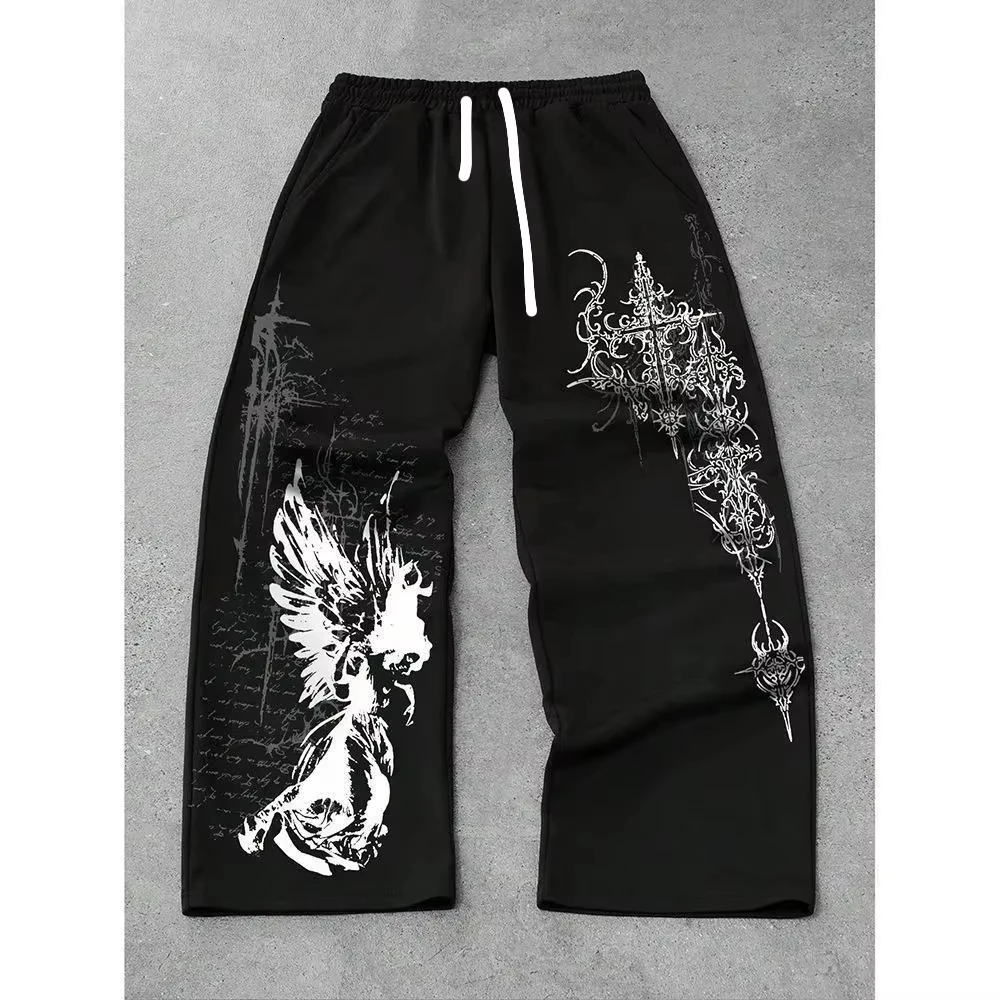 2026 Herren Gothic Vertikale Grafik Weite Jogginghose mit Kordelzug, Locker Gerade Baggy Y2K Dark Punk Streetwear Hose. – Detail 4