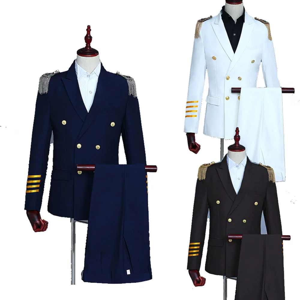Mens Blazer Suit Navy Captain Officer Sailor Peacoat Costume Military Fringe Marching Band Jacket Uniform For Adult Coat+Pants