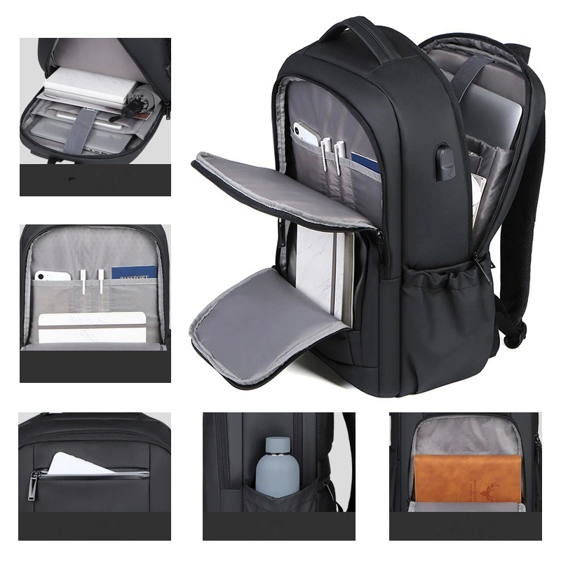 Nesitu Black 14 15.6 16 17 Inch Laptop Travel Backpack for Men Women Waterproof with Side Mesh Pocket USB Charging Port M2215