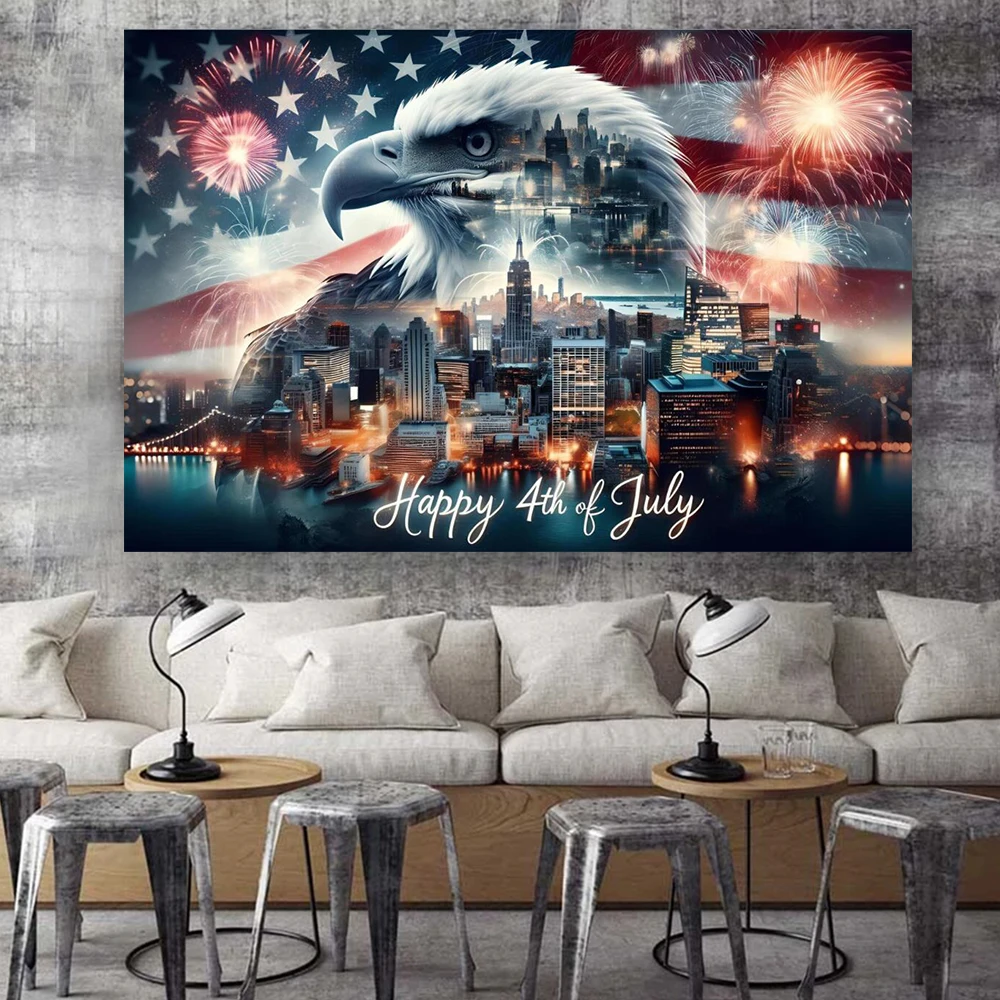 America Bald Eagle Happy 4th of July City Firework Canvas Painting Poster Print Living Room Wall Picture Modern Home Decor Gifts