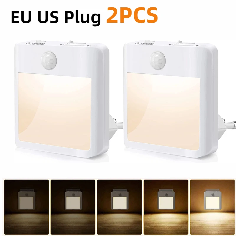 Luz LED nocturna con Sensor de movimiento, lámpara de mesita de noche con enchufe europeo de 220V, atenuación de sueño para el hogar, dormitorio, pasillo, escalera, 2 uds.