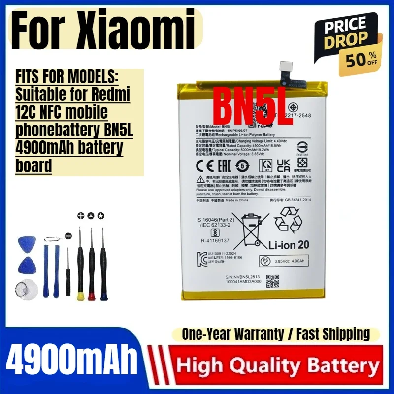 BN5L Battery for Xiaomi Redmi 12/12C Mobile Phone Battery Redmi 12C High Capacity Battery Replacement Bateria with Tools