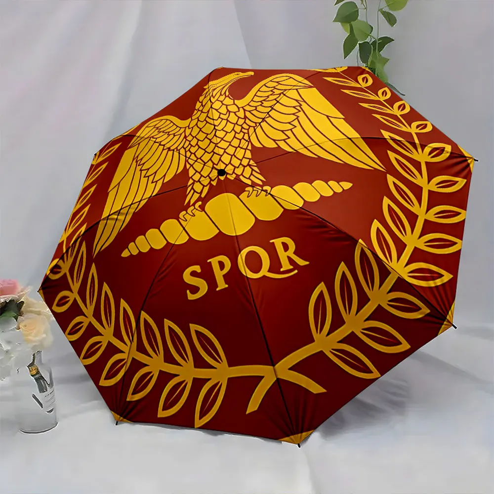 Roman Eagle Emblem with SPQR on Red and Gold Design portable waterproof sun rain umbrella for outdoor travel beach