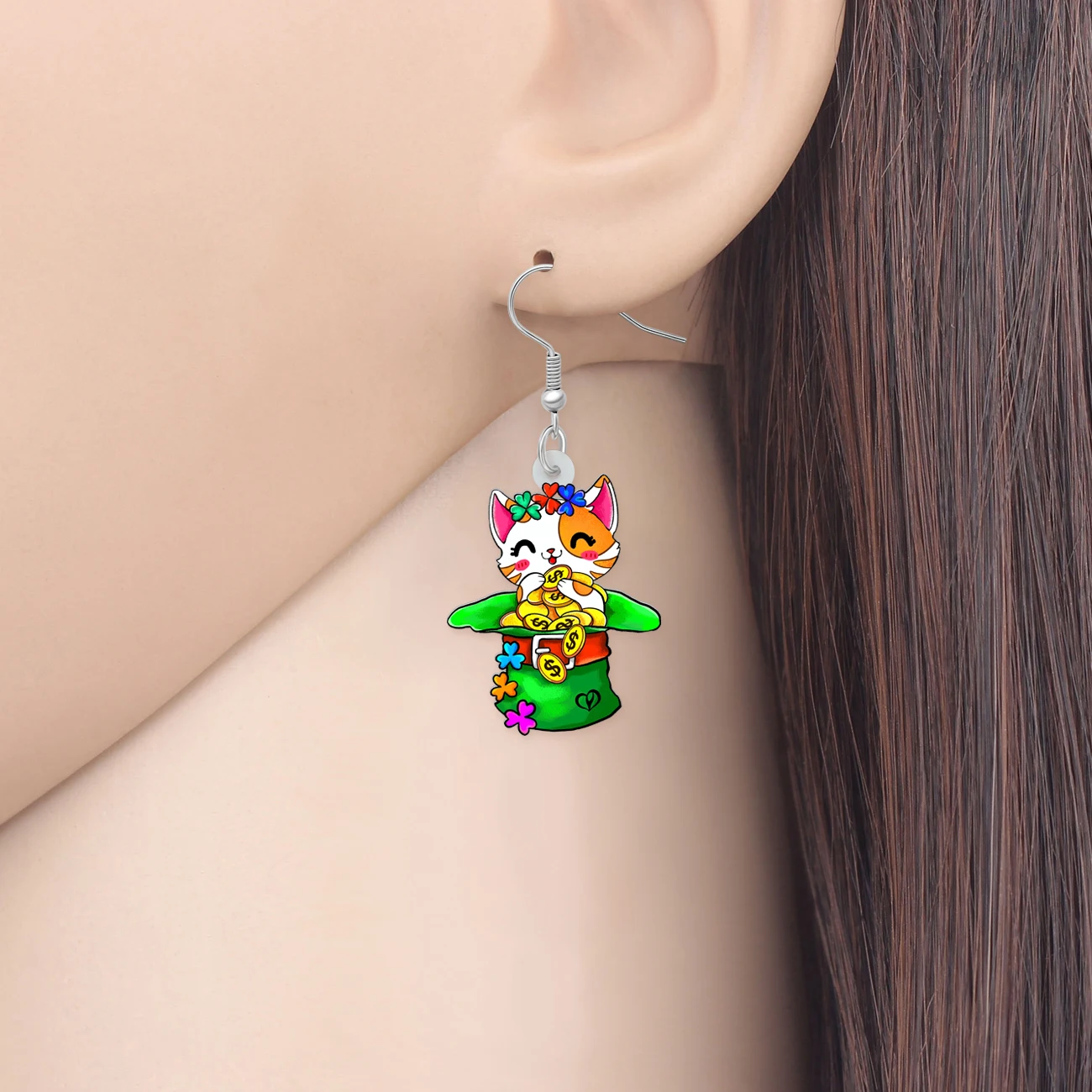 BONSNY Acrylic St Patricks Day Calico Cat Earrings Green Hat Shamrock Gold Coin Cartoon Kitten Jewelry Good Luck Gifts For Women
