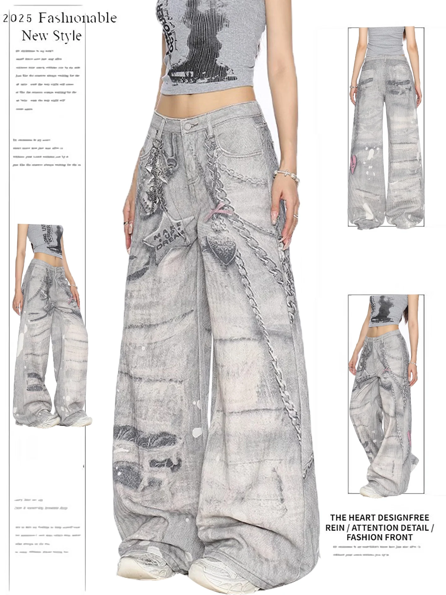 

Retro American Metal Feel Chain Print Wide Leg Jeans Women's Loose Straight Cut Trousers Autumn Design Casual High Waist Denim