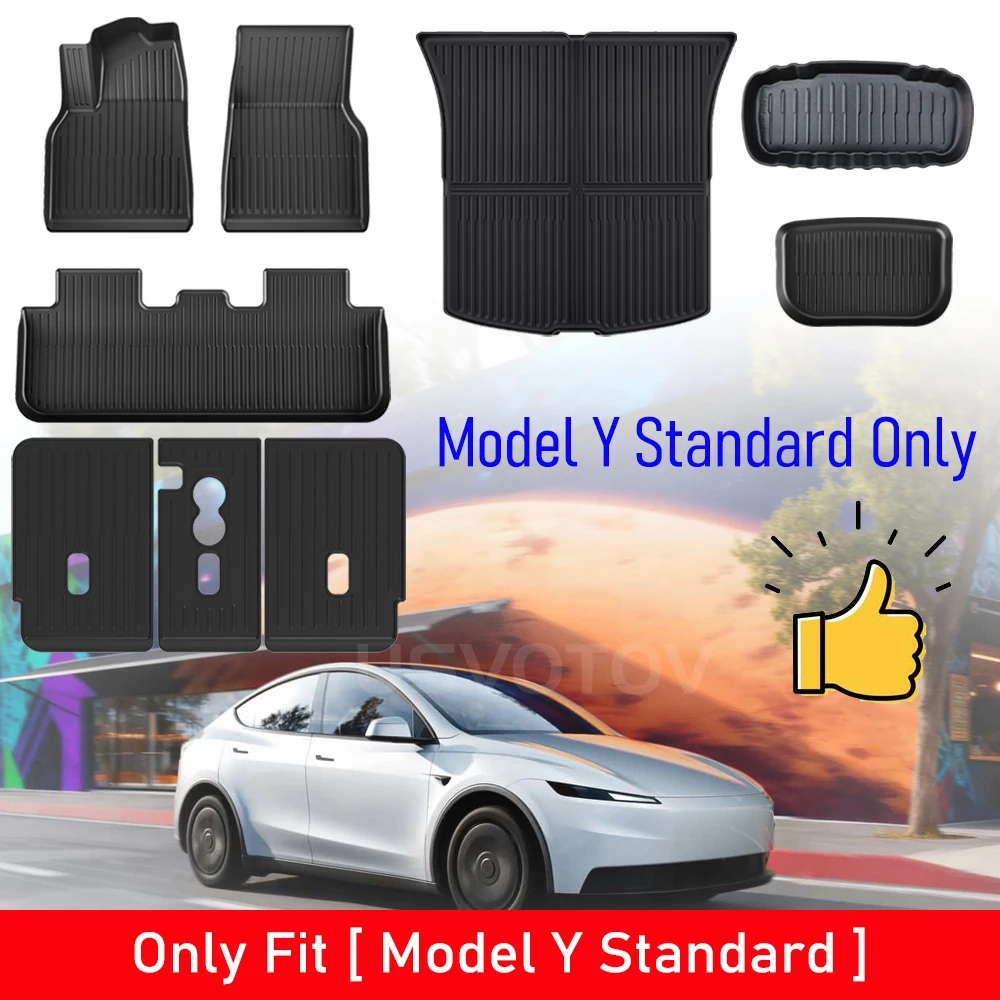 

Комплект ковриков для Tesla Model Y 2025-2026: стандартные напольные коврики, коврик в багажник, коврик в передний багажник, коврики на спинки сидений (только для стандартных моделей)