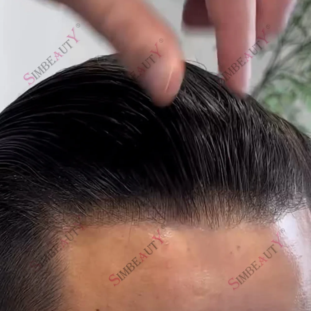 

Светло-русые черные европейские накладки из натуральных волос для мужчин, система замещения волос V-loop с ультратонкой полиуретановой основой 0.04 мм, мужские протезы для волос