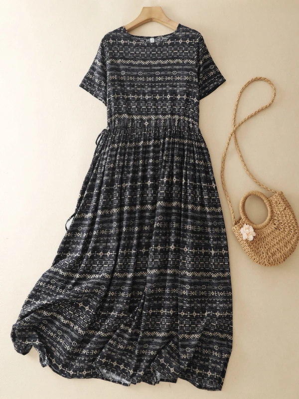 

Korean Japanese High-End Printed Dress Women's Summer plus Size Elegant Slimming Long Dress Retro Loose Fit High Waist Short ...