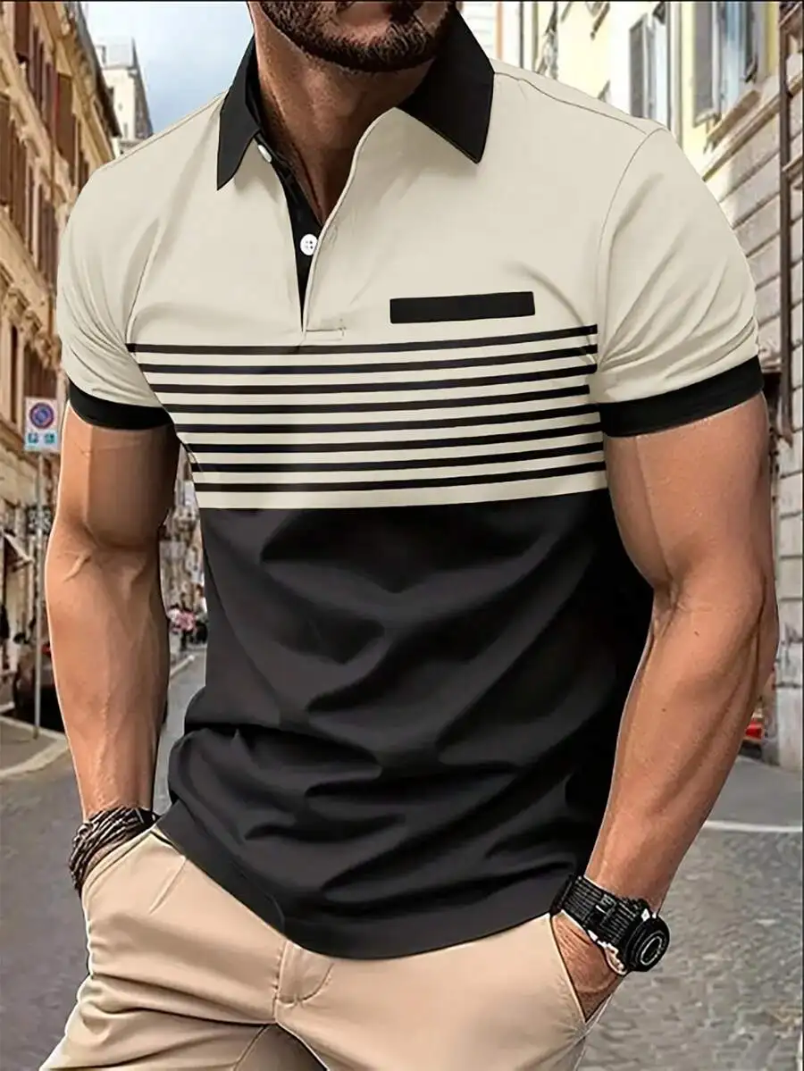 

Men's Short Sleeve Casual Polo Shirt with Horizontal Stripes and Contrast Collar