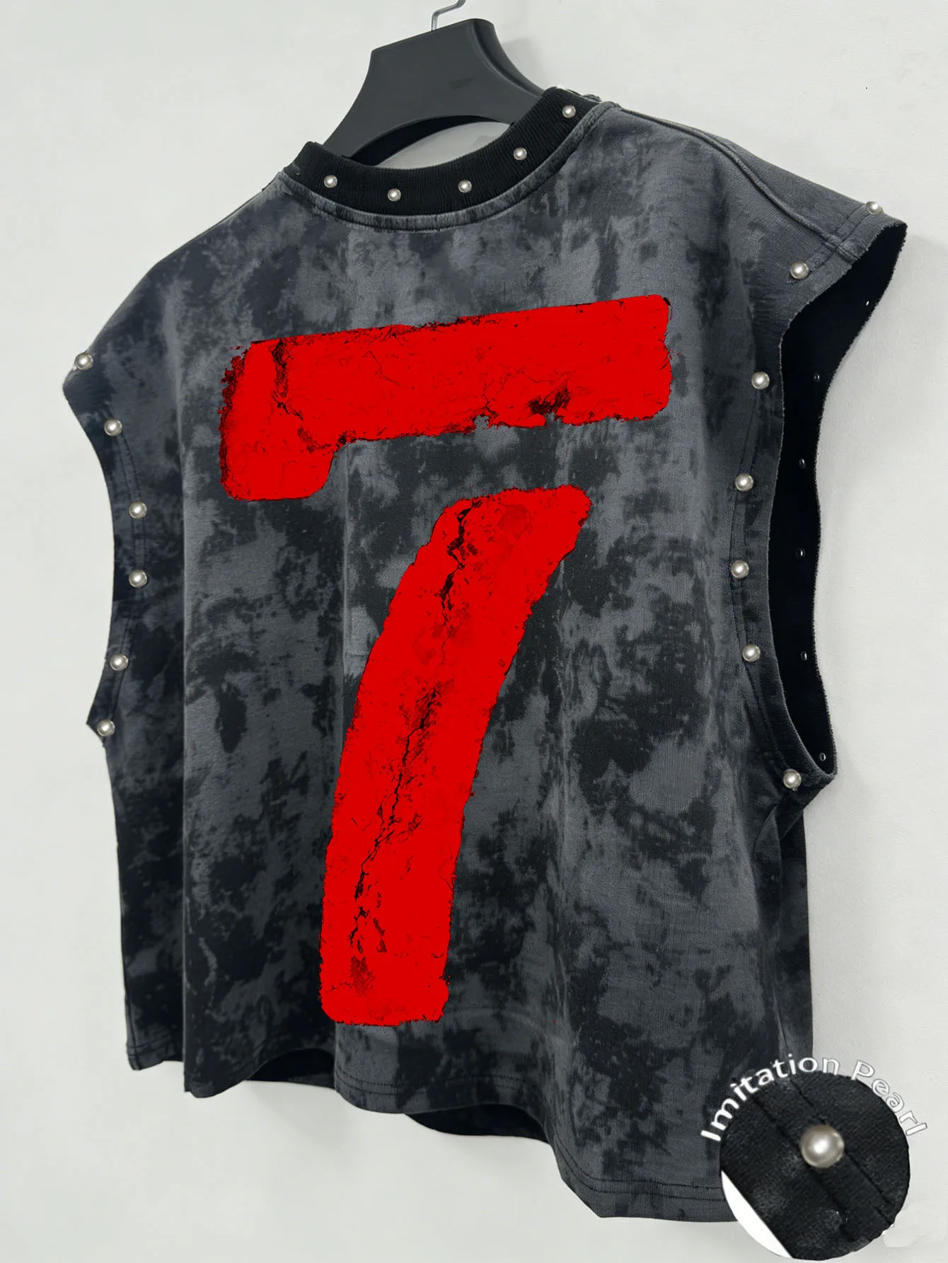 Men's Cropped Red Vest Featuring '7' and Letter Graphics, Accented with Large Snowflake-Shaped Beads.