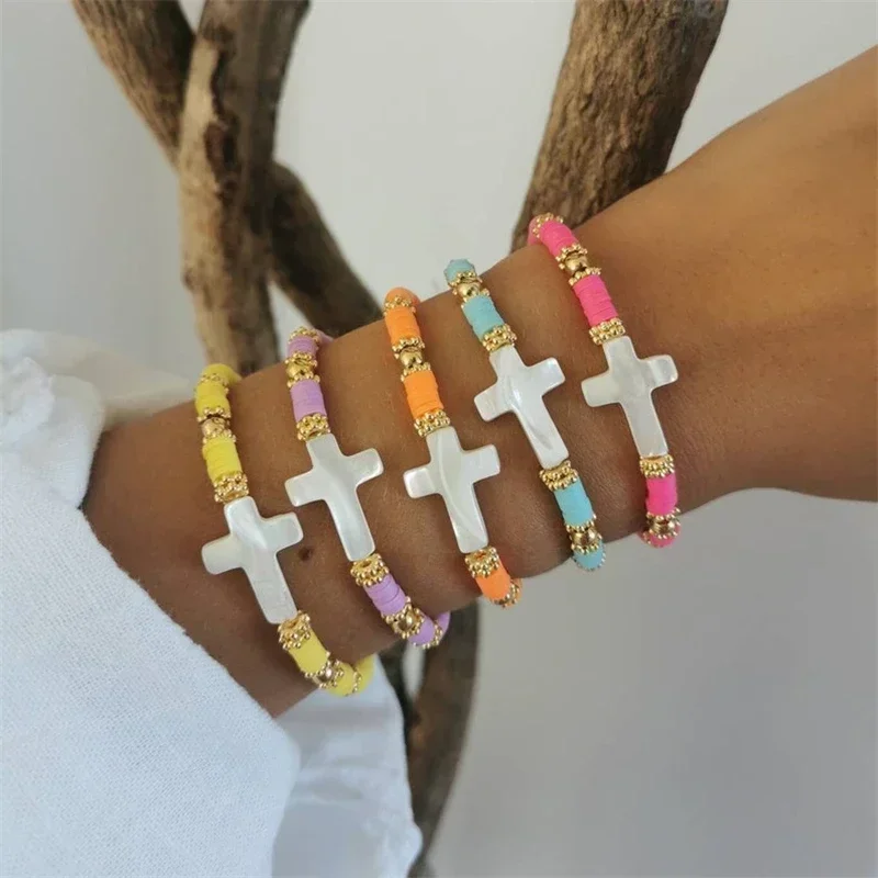 CCGOOD Handmade Christian Cross Bracelet for Women Faith-Based Boho Jewelry Polymer Clay Beads Stretch Stackable Spiritual Gift