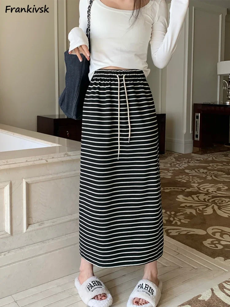 

Striped Skirts Women Stretchy Slim Drawstring Leisure Mid-calf Fashion Daily Elegant Spring Summer Streetwear Harajuku Panelled