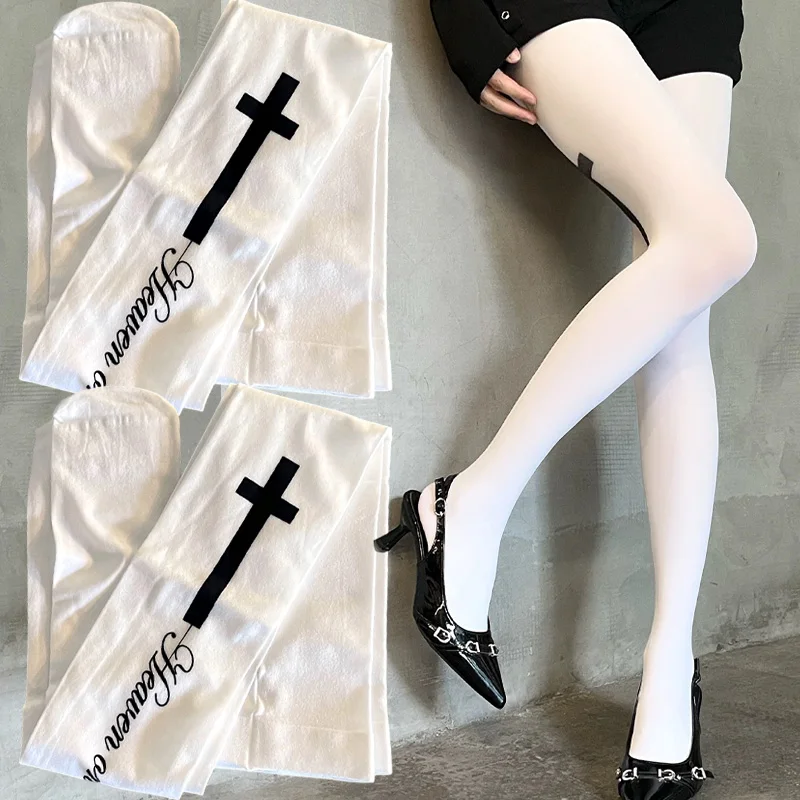 

Колготки Harajuku с перекрестным буквенным принтом, готические панк-белые граффити с буквенным принтом, облегающие длинные носки, готические чулки с принтом в стиле ретро