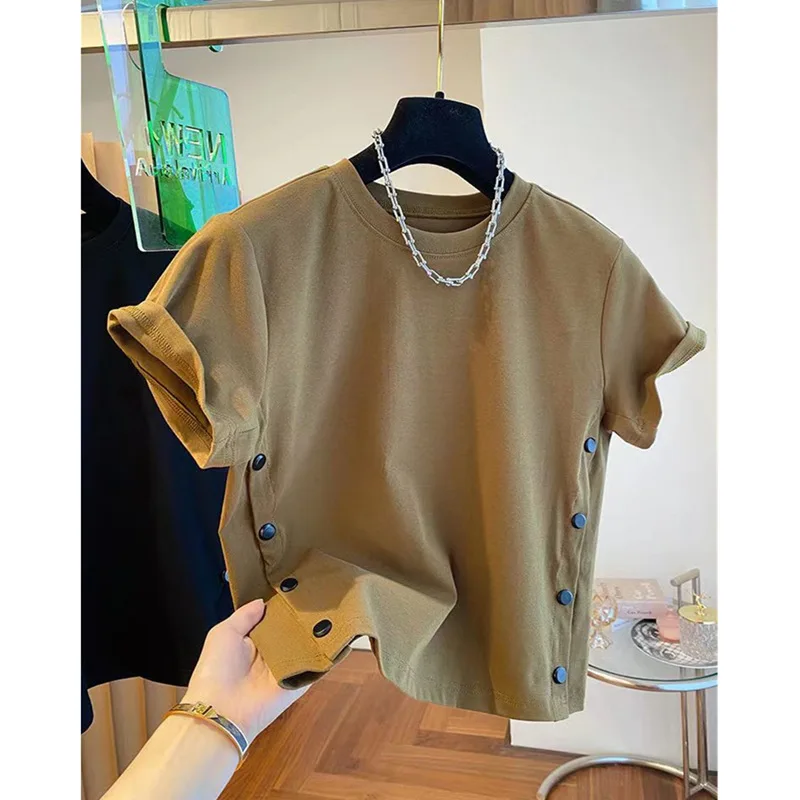 

Футболка женская из чистого хлопка, модный Свободный Топ на пуговицах, с двойным разрезом и коротким рукавом, на лето