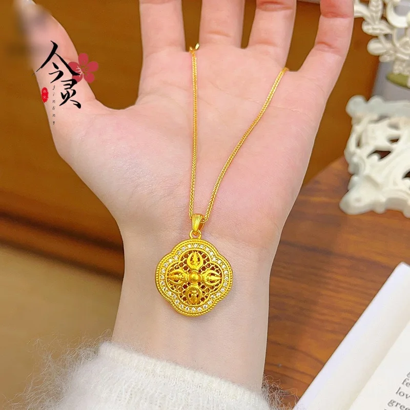 

Luxury 24K 9999 Pure Gold real gold Dot Diamond Lucky Grass Pendant Necklace