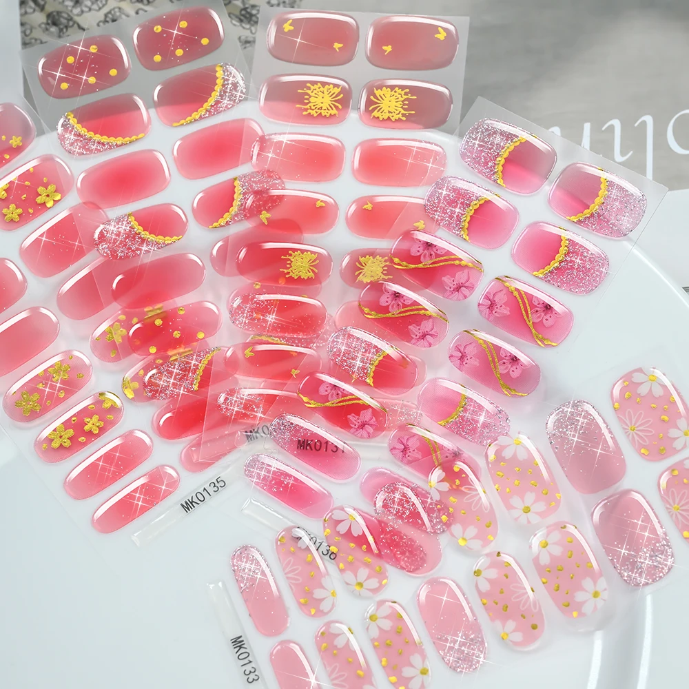 1PC 3D Daisy Pink Semi-cured Gel Nail Sticker Spring Exquisite Floral Gold Foil Full Cover Adhesive Nail Wraps UV Free NailDecal