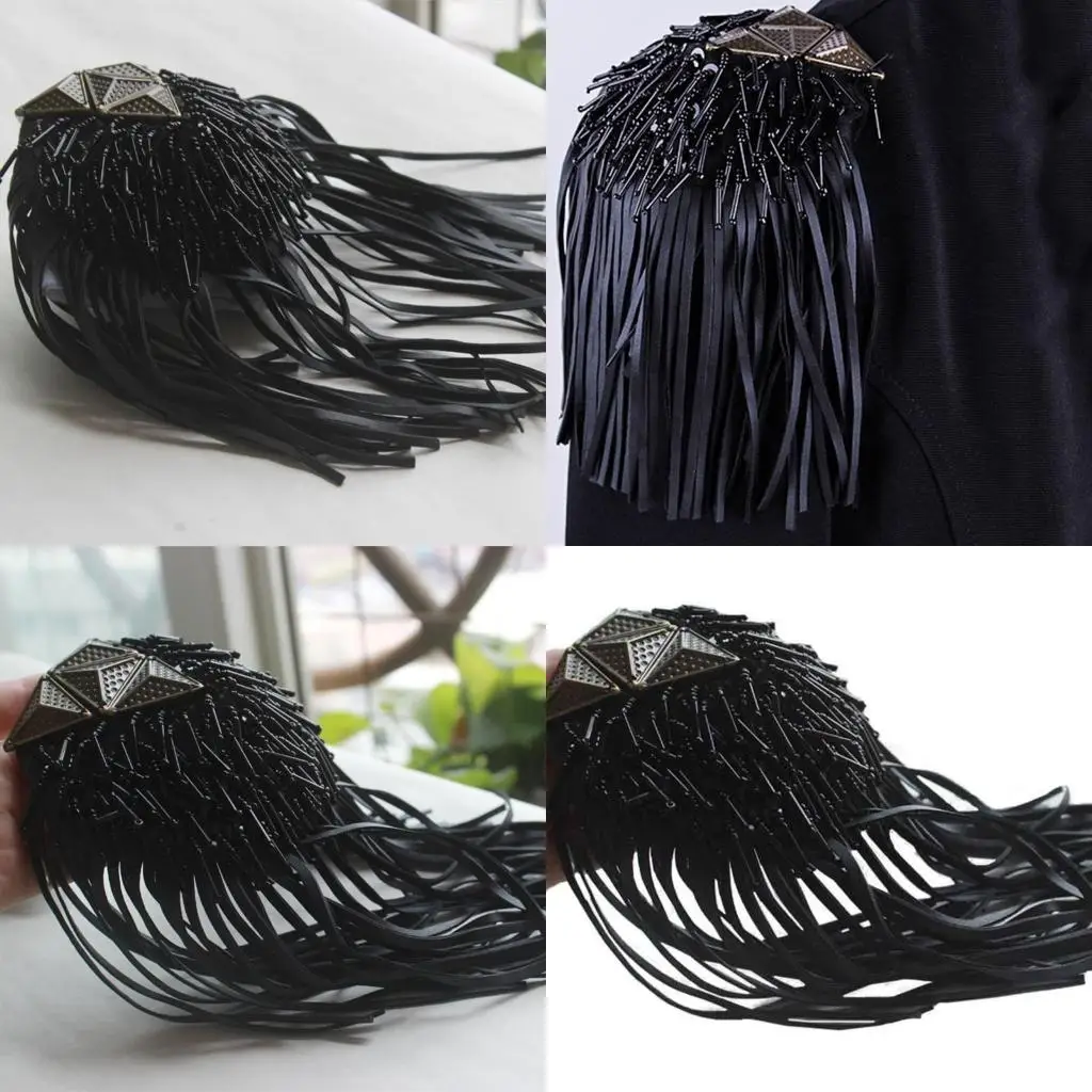 

R1WE Fringe Shoulder Pieces Leather Tassel Chain Epaulet Beads Punk Fringe Shoulder Boards Badge Uniform Accessories for Wom