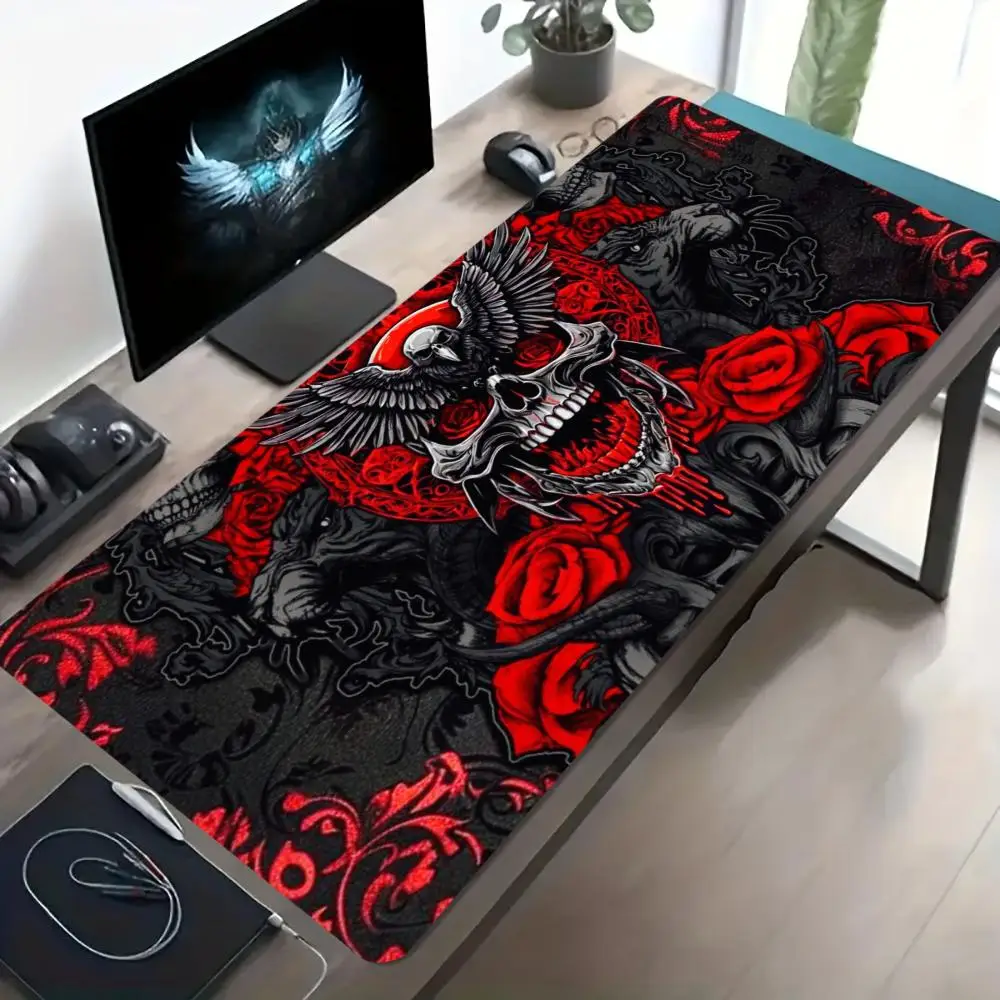Red Dragon Skull Gaming Mouse Pad, Gothic Style Large Desk Mat, Non-slip Rubber Keyboard Pad for Office Home Gamer
