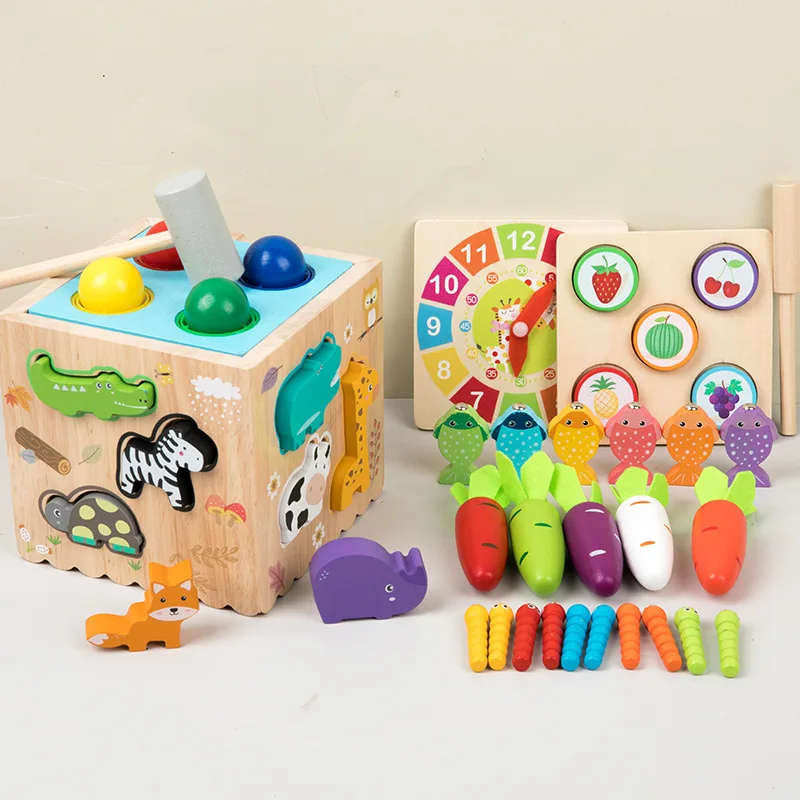 Montessori Inspired Eight-In-One Wooden Early Education Toys for Toddlers Hammering Balls Fishing And Animal Matching Intelligen