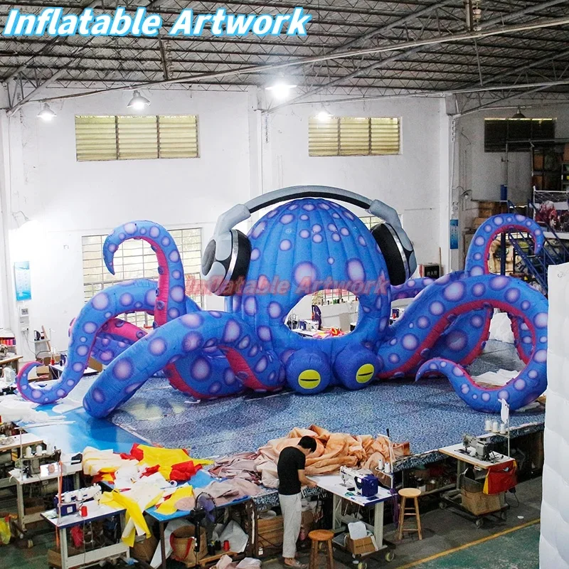 Custom Built DJ Stage Giant Inflatable Octopus Wearing Headphones for Outdoor Carnival Toys