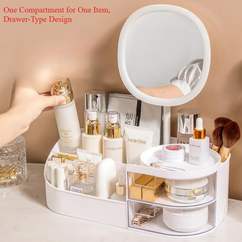 Makeup Storage Box With Mirror Desktop Dressing Table Makeup Mirror Cosmetics Jewelry Storage Box Touch Light Storage Organizer