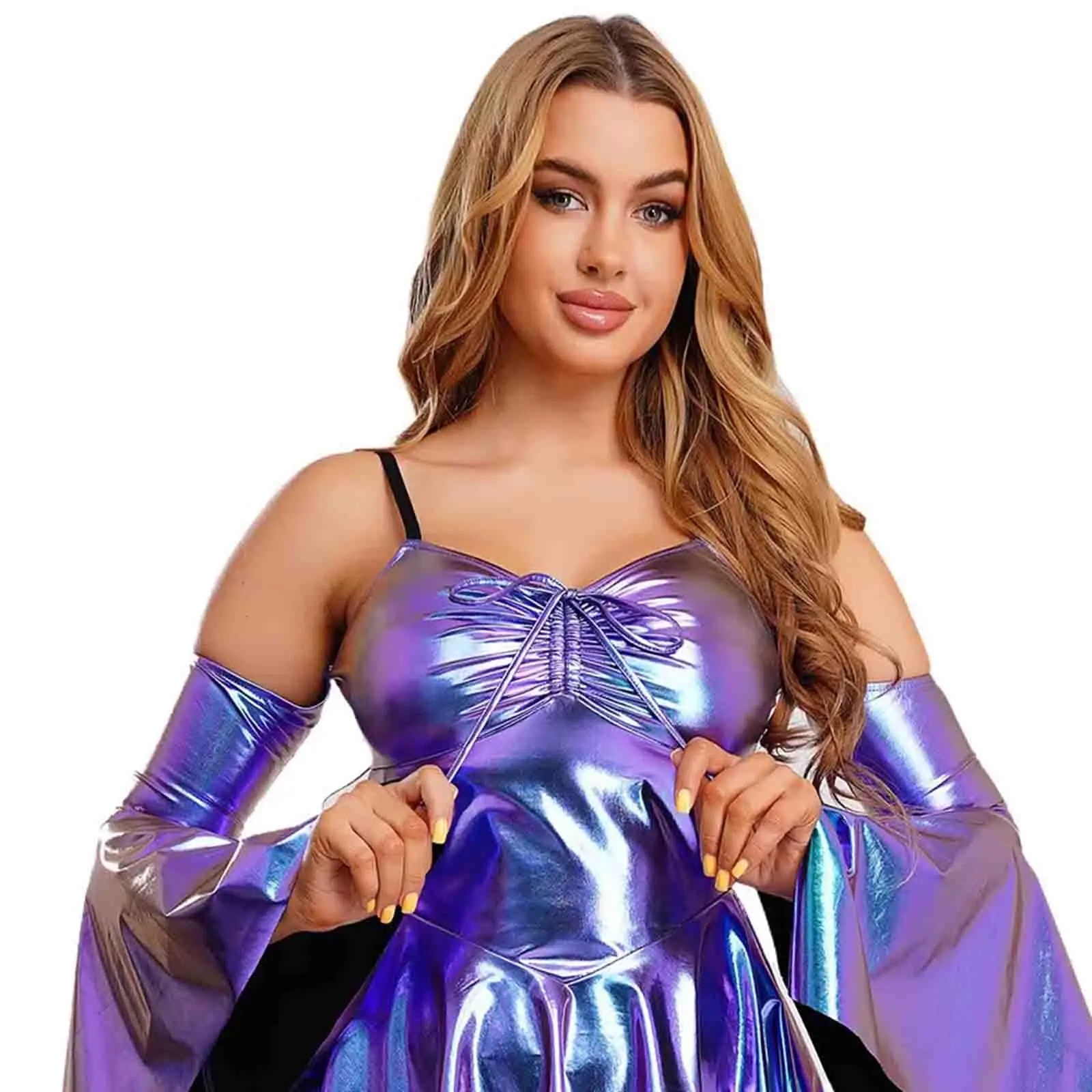 Women Adult Disco Party Metallic Dance Dress Long Sleeve Camis A-line Fashion Dress for Party Raves Nightclub High Look Outfits