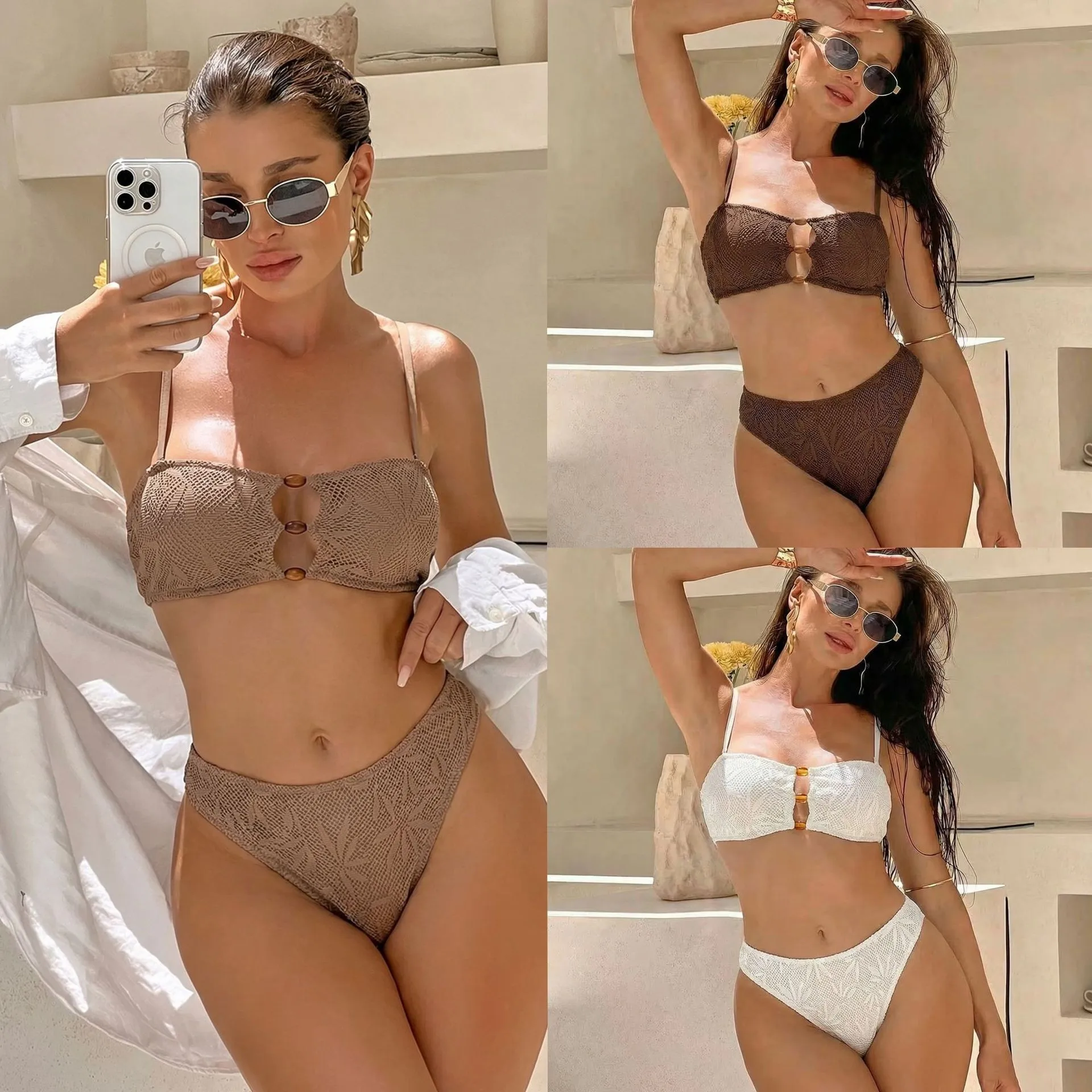 Swimwear 2026 Bikini Women's High Waist Bottom Bikinis Leaf Pattern Bikini Set Strapless Top Two Piece Swimsuit Bandage Style