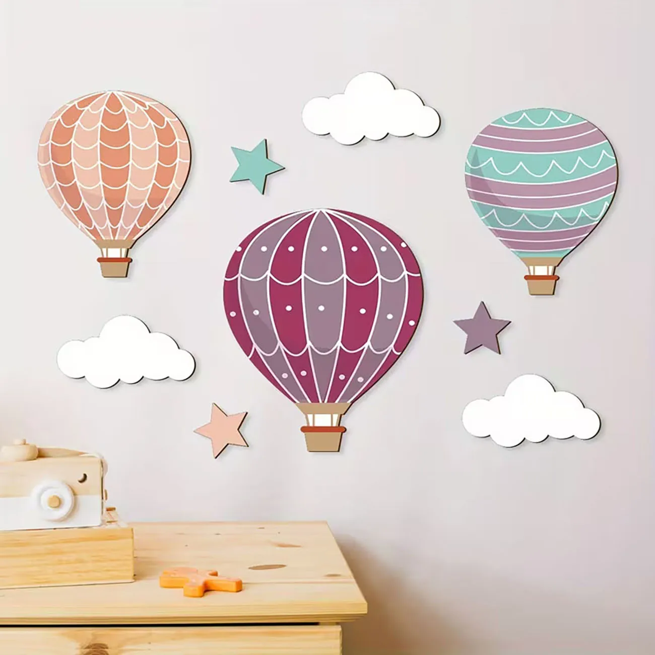 9Pcs Hot Air Balloon Wooden Wall Decor with Nano Tape for Kids Room Nursery