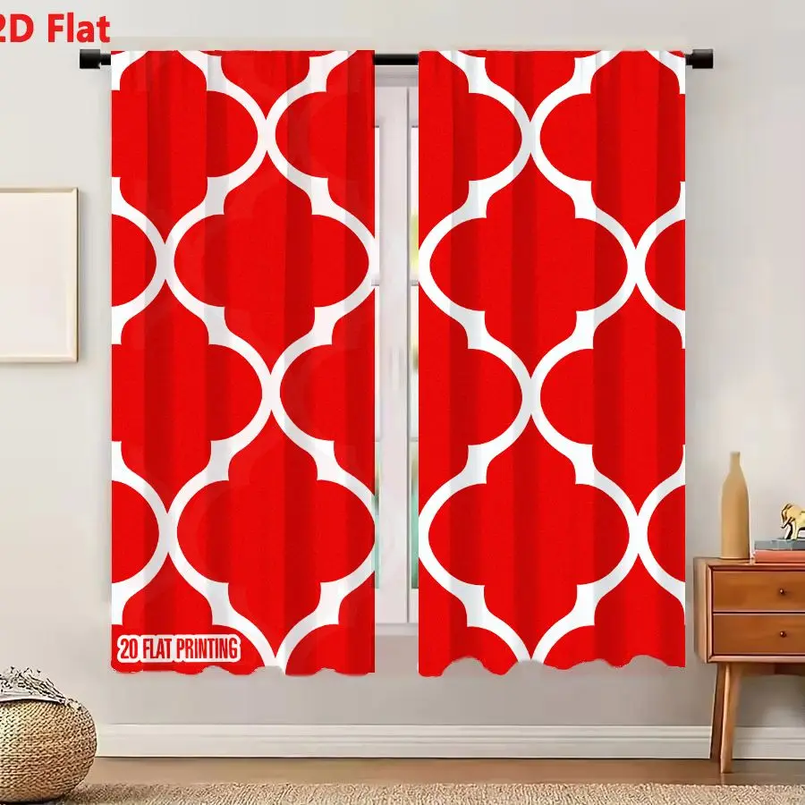 2Pcs Curtains 2D Flat Vibrant Red Background With White Interlocking Quatrefoil Geometric Pattern For Wallpaper And Fabric Print