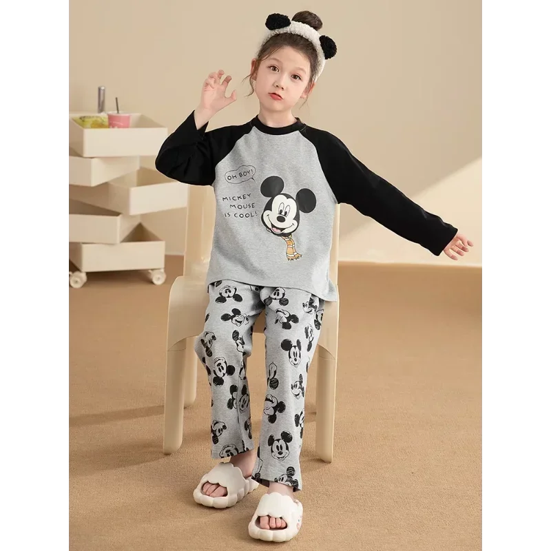 Pijamas para niños de dibujos animados de Mickey Mouse de Disney, pantalones de manga larga con cuello redondo, pijamas de dos piezas para mujer, ropa de descanso para niños