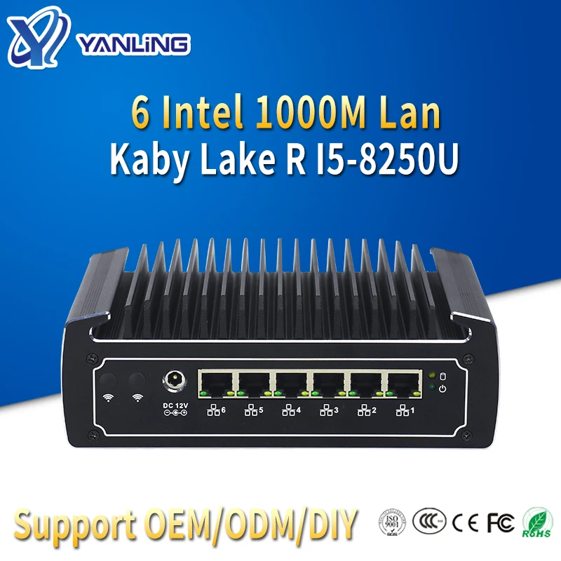 

Маршрутизатор Yanling Pfsense 8-го поколения Kaby Lake R Intel I5 8250u четырехъядерный мини-сервер 6 Lan безвентиляторный ПК с поддержкой 4G и Wi-Fi