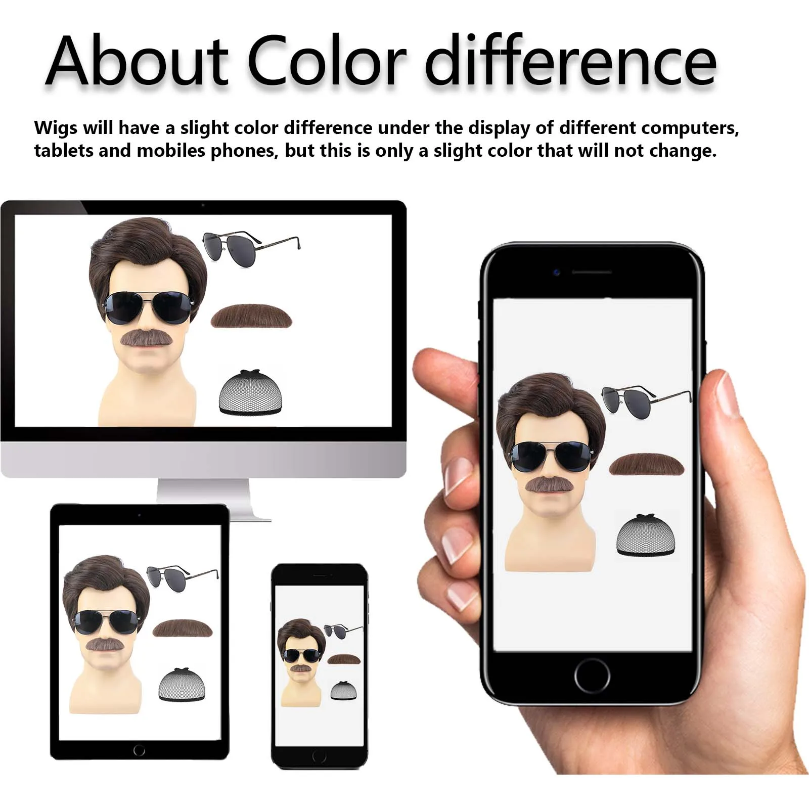 Synthetic Short Brown Men Wig with Msutache and Sunglasses for 70s 80s Costume Cosplay Halloween Party, Ted Lasso Cosplay Wig view 6