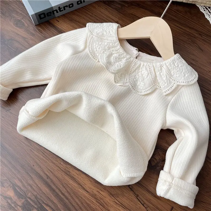 Girls\' Doll Neck Bottoming Shirt New Autumn/Winter Children\'s Baby Plush Princess Lace Neck Long Sleeve T-shirt Top