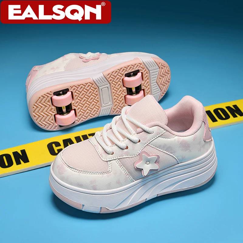 Ultra-Light 4-Wheel Roller Skates for Kids Girls 2-in-1 Walking Sneakers with Removable Wheels Breathable Outdoor Sports Shoes