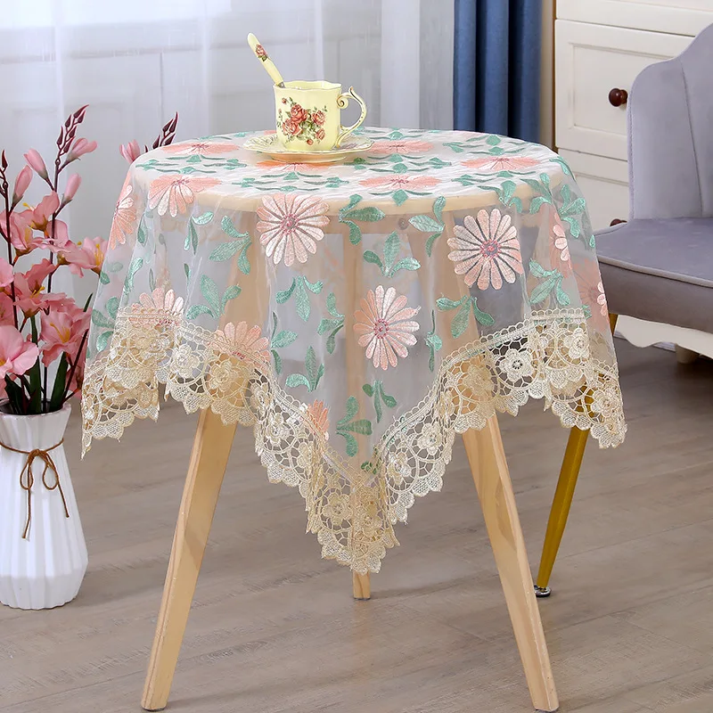 1Pc Country Style 60cm Flower Pattern Tablecloth, Semi-Transparent Washable Lace Trim Tablecloth, Coffee Table Cover, Outdoor Pi