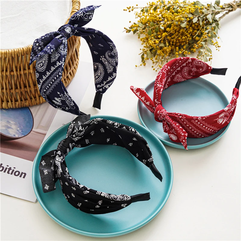 Bow Wide Brimmed Head Hoop For Women Boho Women Soft Solid Print Headbands Cross Knot Elastic Hair Hoop  Vintage Headwear New