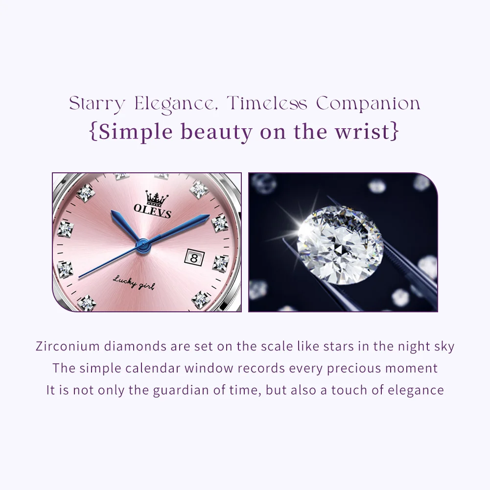 OLEVS 5575 Women Watch Fashion Luxury Roman Scale Diamond Dial Fashion Calendar Waterproof Watch Elegant Pink Women Quartz Watch