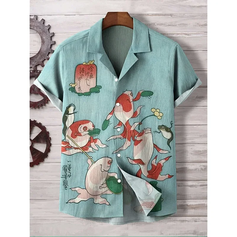 Men's Ocean Fish Art Print Short Sleeve Linen Blend Shirt Summer Hipster Button Down Shirts Retro Harajuku Japanese Style Shirt