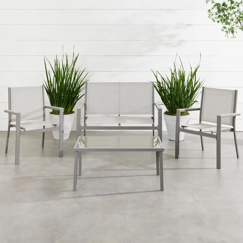 4-Piece Outdoor Textilene Patio Conversation Set, Backyard Furniture w/Loveseat, Coffee Table, Steel Frame