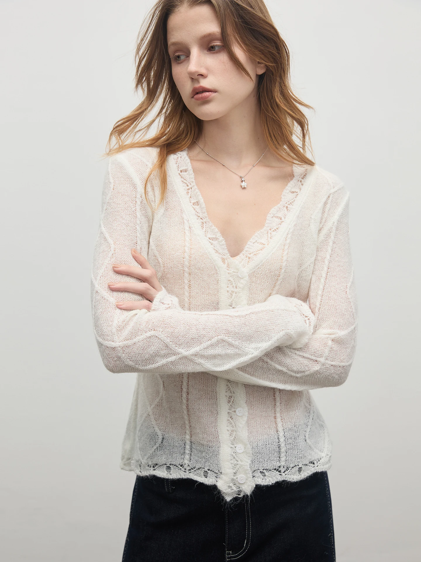 

Seoul Prologue Korean Sle Slim Fit Thin Knitted Sweater with Lace Trim Mouton Nylon Blend Women's Inner Wear Faion