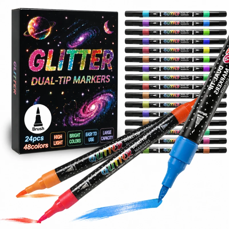48 Colors Dual Tip Glitter Brush Markers Set Acrylic Paint P