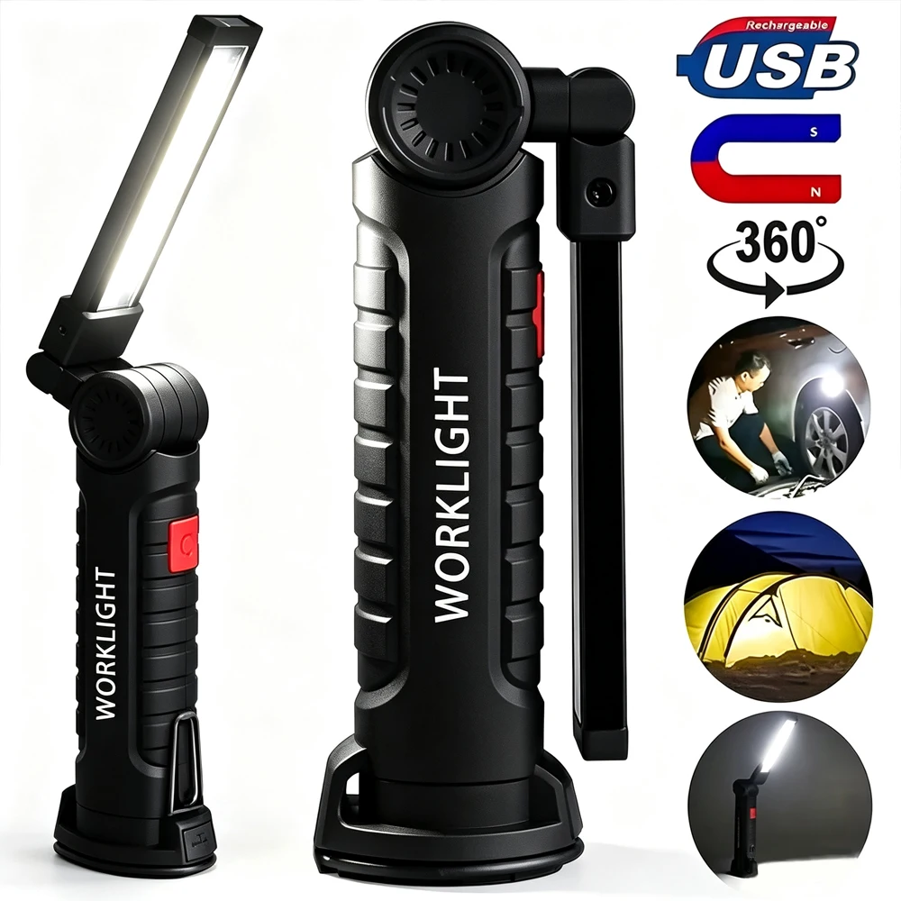 High Power COB LED Work Light Magnetic Base Hook USB Rechargeable Flashlight 5 Modes 360°Rotating Portable Handheld Flashlight