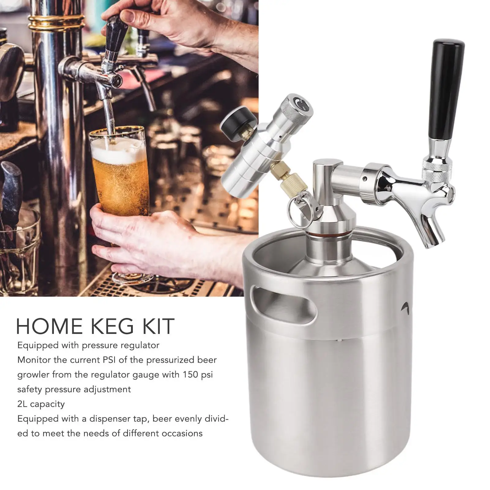 2L Mini Beer Keg System - 150PSI Portable Stainless Steel for homebrew Dispenser