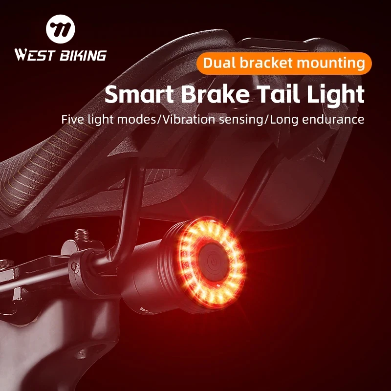

WEST BIKING Bicycle Taillight Smart Auto Brake Sensing Lamp Alumimum Alloy IPX6 Waterproof Rechargable Cycling Safety Rear Light