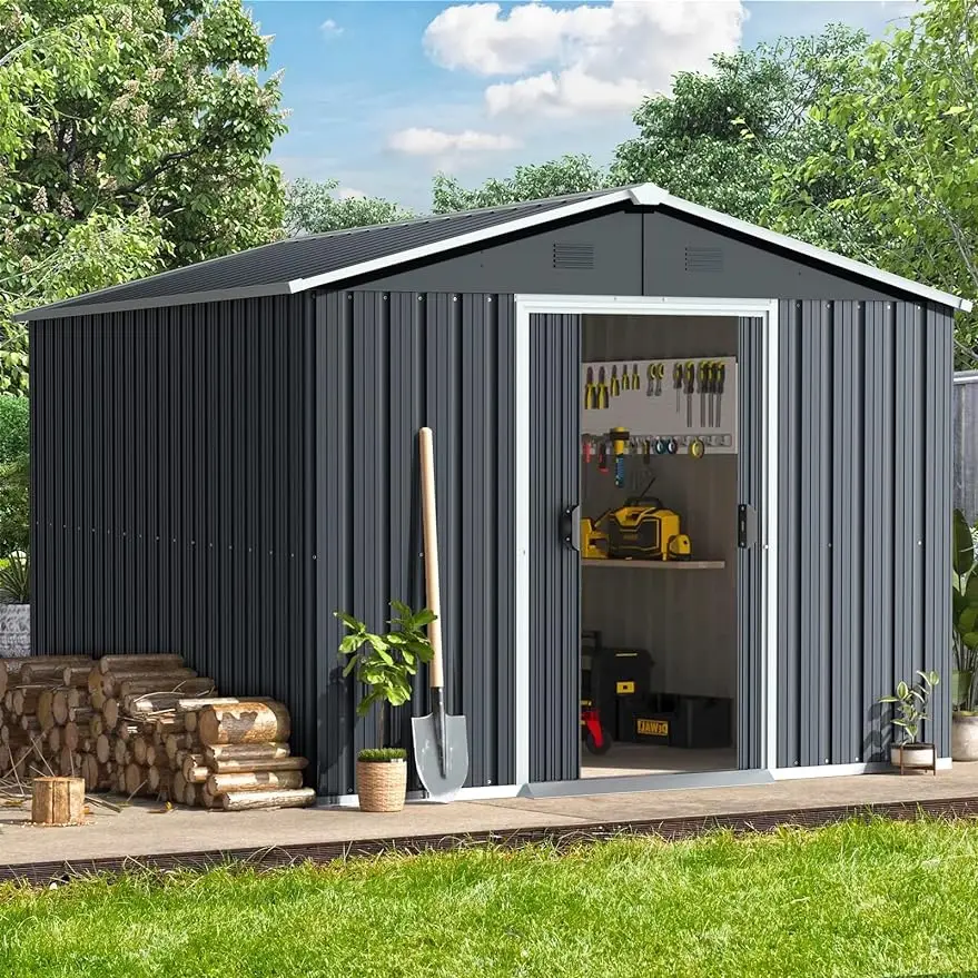 

10X8 FT, Outdoor Storage Waterproof with Sloped Roof & Double Lockable Doors, Large Metal Sheds with 4 Vents, Grey