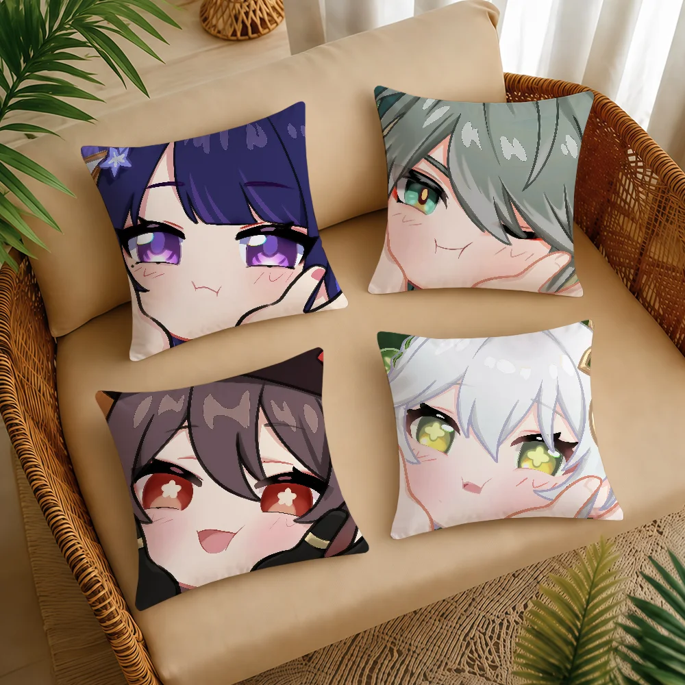 Cupping Face Genshin Impact Q-version Cushion Cover Square Decorative Throw Pillow Case Sofa Bed Living Room Anniversary Gifts