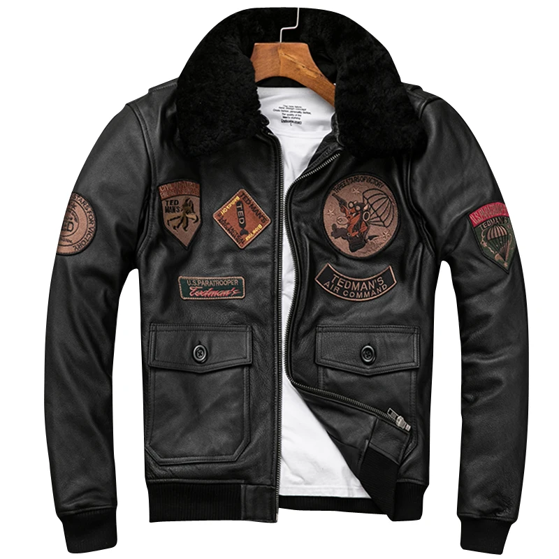 

Detachable Natural Fur Collar Genuine Cowhide Men Leather Jacket Patches Flight Jacket Air Force Pilot Coat Winter Bomber Jacket