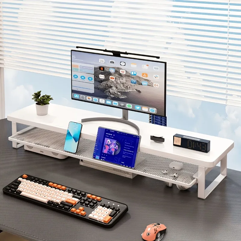 Gaming Room Desktop Monitor Riser, Extended Laptop Elevated Stand, Desk Storage Organizer Bracket for Home Office Workstation